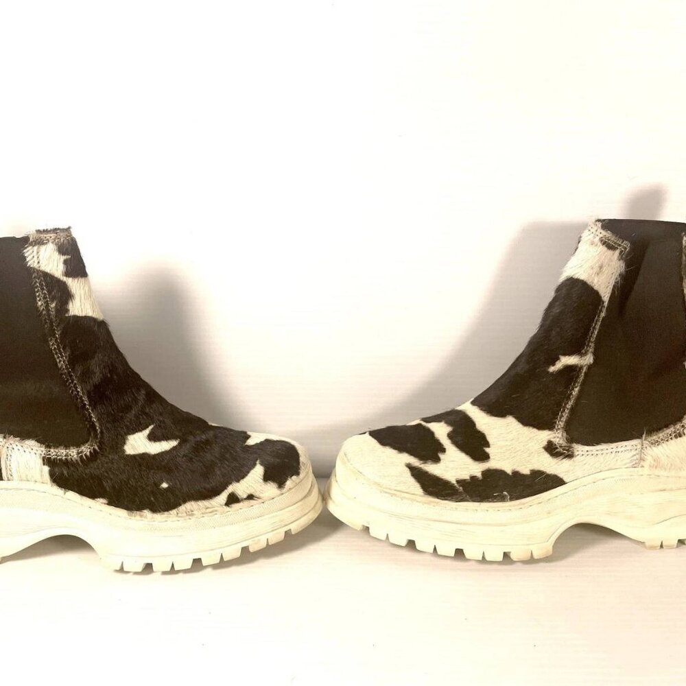Black and White Cowhair Ankle Booties - Chunky Sole